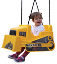 Little girl is laughing on the bulldozer toddler swing..